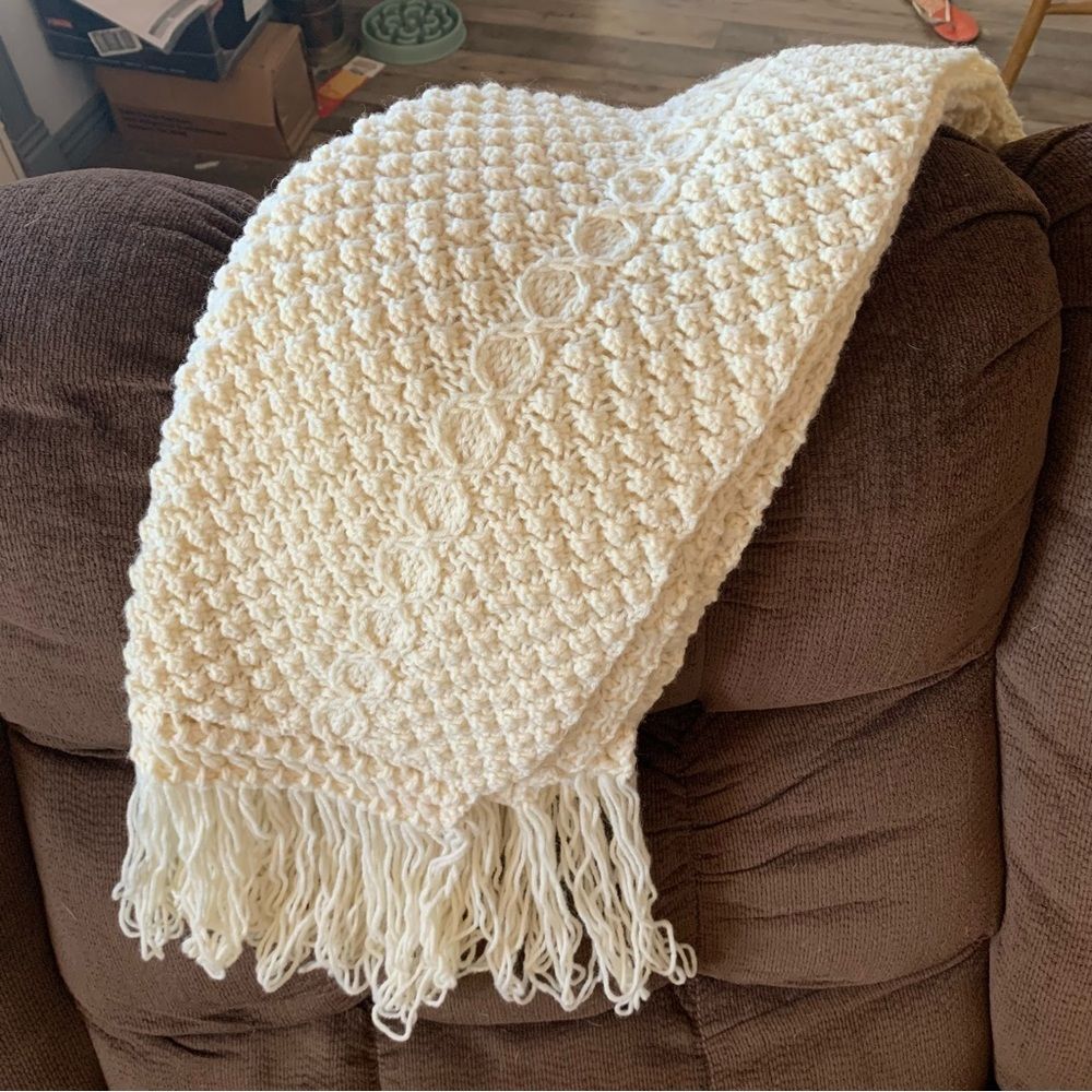 Cyril Cullen Irish Wool Aran Knit Throw Blanket Cream 100% Virgin Wool, Vintage